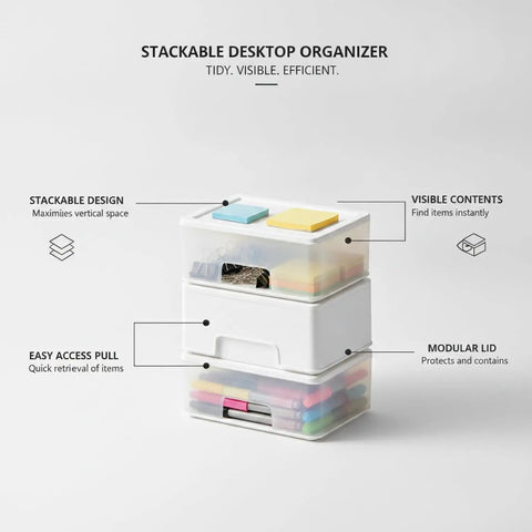 Stackable Plastic Storage Box With Lid For Desk Organization White PP Bin For Office Supplies And Stationery Clutter Free Desktop Organizer