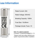 Close-up of 10x38mm 20A ceramic fuse specifications with CE mark for RT18-32 Two Pole Fuse Holder Base, DIN Rail Mount, LED Indicator