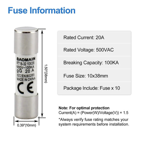 Close-up of 10x38mm 20A ceramic fuse specifications with CE mark for RT18-32 Two Pole Fuse Holder Base, DIN Rail Mount, LED Indicator