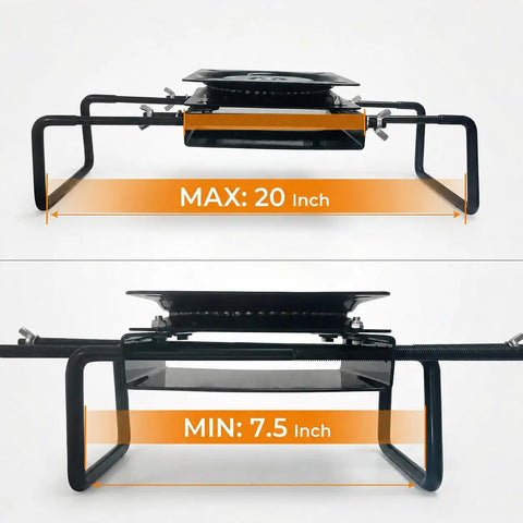 Marine Grade Clamp On Boat Seat Swivel Mount Kit Featuring Tight Grip For Bench Style Bass Fishing Skiff And Kayak Vessels Snappy No Drill Setup Beefy Steel Build showing size range from 7.5 to 20 inches.