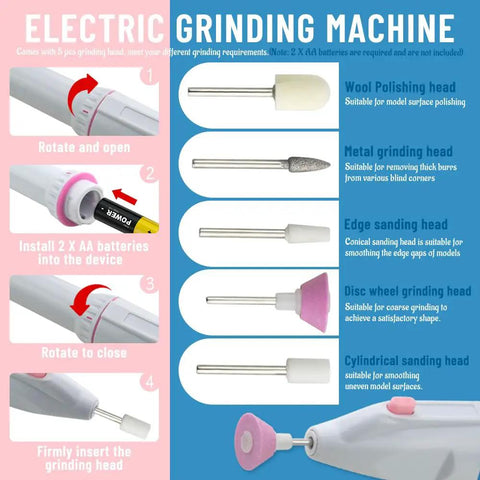 Diagram of electric grinding machine with labeled grinding heads, showcasing tool use and battery installation steps.