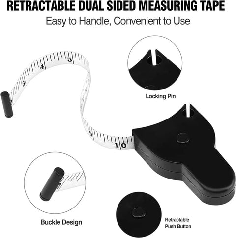 Three Pack 60 Inch Body Measuring Tapes With Auto Telescopic Fat Measure For Easy One Hand Use, Track Weight Loss, Muscle Gain, And Precise Body Measurements With Durable Fiberglass Tape, retractable dual sided tape
