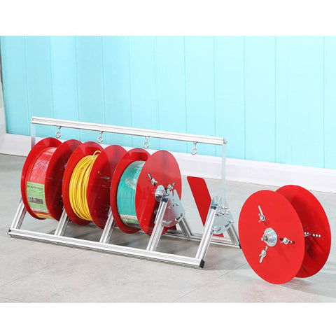 Built Tough Folding Cable Rack With Single Axis Wire Dispenser showing multiple red spools in a three-volume organizer setup.