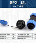 IP68 Plugs And Sockets Panel Mount Connector With Back Nut, 12 Pins, shown with open protective cap and specifications