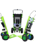 Heavy Duty Electric Stair Climbing Hand Truck Moves Super heavy Loads Up Stairs Like A Boss With Powerful Brushless Motor And 300Kg Capacity To Make Moving Easy. Displaying a green stair climbing hand truck with large wheels and electric motor.