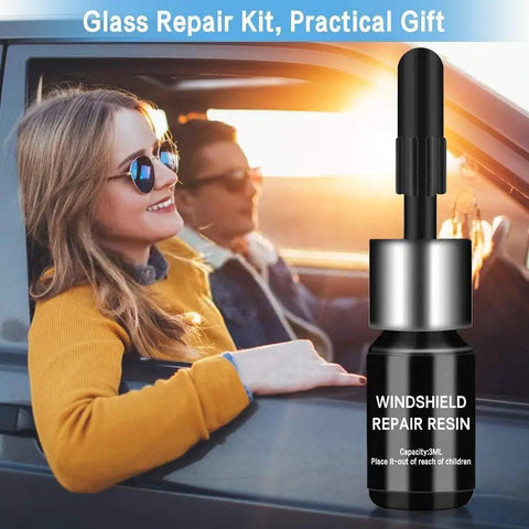 Windshield Repair Kit For Cars on passenger side of car with repair resin bottle in focus