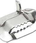 Beefy Heavy-Duty 316 Stainless Steel Ear-Lokt Buckles For Half-Inch Banding, close-up angle showing teeth and prongs