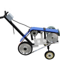 Yokoma Hand Push Sand Belt Machine For Weld Grinding, portable, with durable rubber wheels and pneumatic tension control.