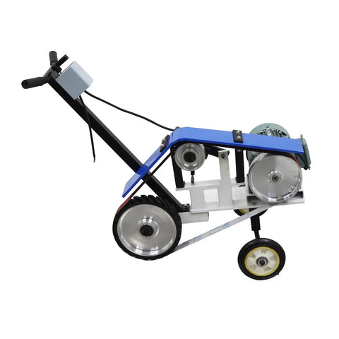 Yokoma Hand Push Sand Belt Machine For Weld Grinding, portable, with durable rubber wheels and pneumatic tension control.