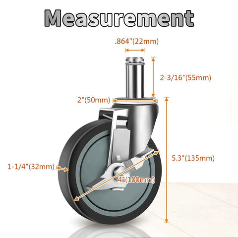 Measurement details of No Nonsense Heavy Duty 4 Inch Casters For Wire Shelving Racks with dimensions labeled.