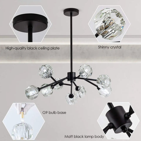 Sputnik Style Black Crystal Chandelier For Dining Room Over Table 9 Light Modern Pendant Lighting Fixture with crystal details