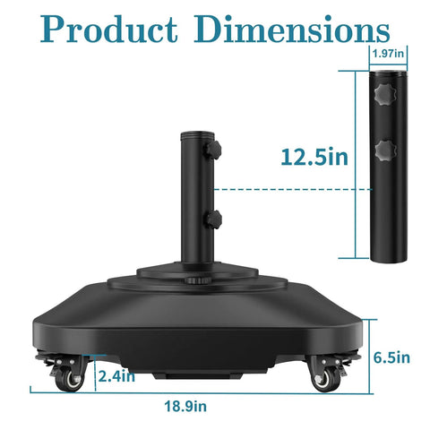 Beefed Up Heavy Duty Outdoor Umbrella Base With Five Wheels, Fillable To 100 Lbs, dimensions showing 18.9in wide and 12.5in pole height.