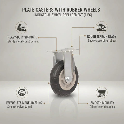 Heavy Duty Swivel Plate Caster Built Like A Tank Replacement Caster Wheel for Industrial Hand Trucks showing rubber wheel and metal mount.