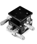 Three Axis Manual Linear Stage With 2.36 By 2.36 Inch Platform, precision bearing with micrometer knobs, aluminum alloy construction.