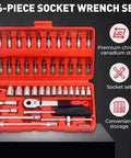 46 Piece One Quarter Inch Drive Socket Wrench Set With Pro Grade 72 Tooth Ratchet Chrome Vanadium Steel Tools in storage case