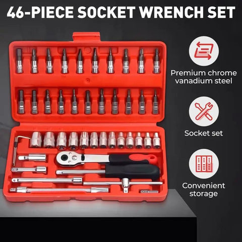 46 Piece One Quarter Inch Drive Socket Wrench Set With Pro Grade 72 Tooth Ratchet Chrome Vanadium Steel Tools in storage case
