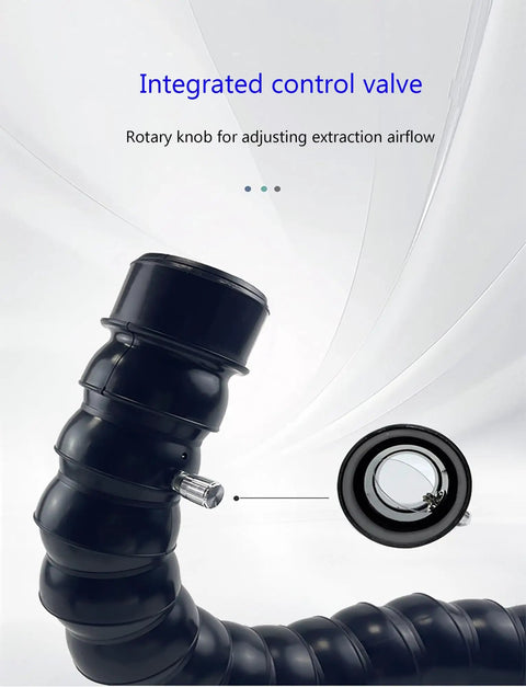 360 Degree Adjustable Extraction Arm And Universal Joint Smoke Suction Pipe With Hella Smooth Suction showing control valve for airflow adjustment.