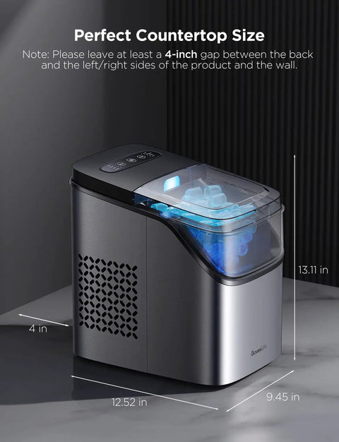 Smart Ice Maker Countertop With Voice Control And WiFi, Portable, showing dimensions and perfect fit on kitchen counter.