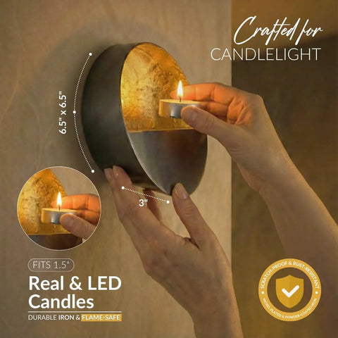 Top Shelf Gold Wall Candle Sconces Set Of Two Six Point Five Inch Round Tea Light Holders For Cozy Vibes Artisan Made Home Decor Accent Pieces, displaying iron sconces with a tea light.