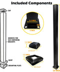 Heavy Duty 54 Inch Matte Black Powder Coated Aluminum Decorative Railing Post Kit For Deck And Porch With Reinforced Base For Rock Solid Balcony Fence EZ Install components diagram with dimensions.
