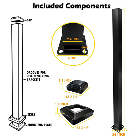 Heavy Duty 54 Inch Matte Black Powder Coated Aluminum Decorative Railing Post Kit For Deck And Porch With Reinforced Base For Rock Solid Balcony Fence EZ Install components diagram with dimensions.
