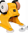 Rock Solid Cordless Bench Grinder Featuring Dual Grinding And Polishing Wheels Compatible With 20V Max Batteries front view with wheels and stable base.