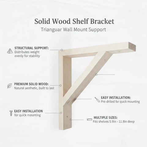 Solid Wood Shelf Bracket For Floating Shelves, Heavy Duty Triangular Wall Mount Support shown with installation features.