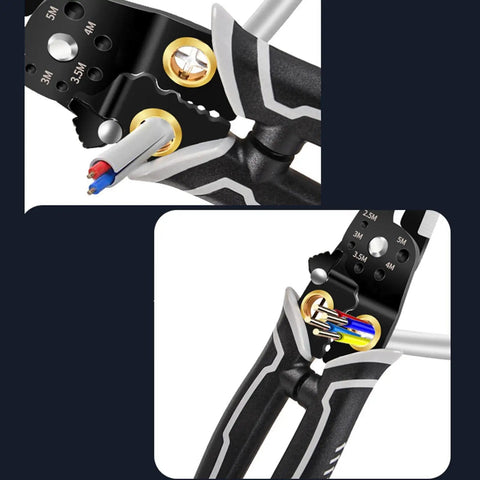 Slick Compact Wire Stripper And Crimping Pliers Featuring Tough Nonslip Grips Plus Rapid Rebound Springs with wire in jaws.