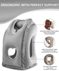 Inflatable Travel Pillow With Chin Support And Eye Mask Earplugs All In One Ergonomic Neck Pillow For Airplanes Or Office Naps shown with hollow breathing zone and arm placement features.