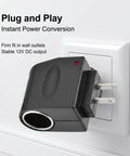 No Sweat AC To DC Power Converter Adapter plugged into wall outlet, converting 220V to 12V DC Cigarette Lighter Socket.