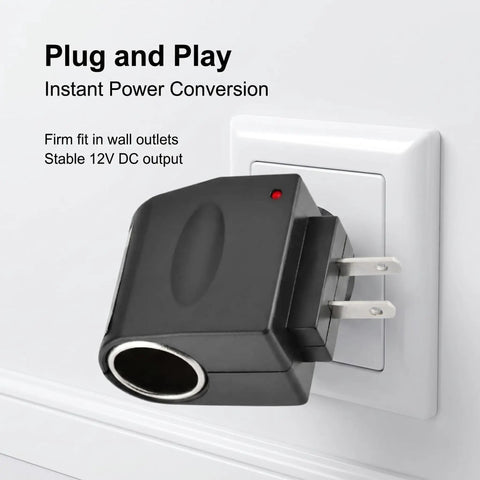 No Sweat AC To DC Power Converter Adapter plugged into wall outlet, converting 220V to 12V DC Cigarette Lighter Socket.