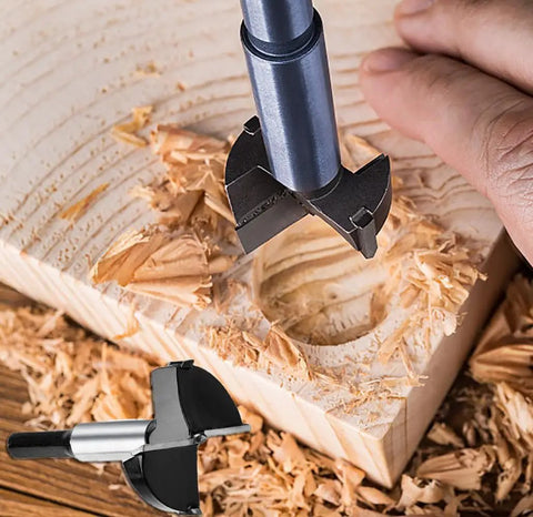 Heavy Duty Six Piece Forstner Drill Bit Set With Hex Shank And Tungsten Carbide Tips For Precision Wood Hole Cutting In 40 To 80 Millimeter Ranges, drilling into wood.