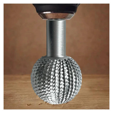 Top Shelf Steel Rotary Burr, 41.2mm Ball End Mill For Wood Carving And Engraving, close-up of polished steel grinding bit.