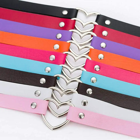 Genuine PU Leather Love Heart Choker Necklace For Men Women With Rugged Gothic Chain Adjustable Collar in various colors.