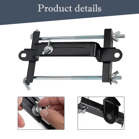 Rock Solid Aluminum Car Battery Holder Bracket With J Bolt Heavy Duty Adjustable Vehicle Mount For Secure Universal Automotive Marine Quick Swap Easy Fit Black top view showing adjustable mount and j bolts.