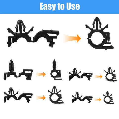 Visual guide of Dope Car Wire Clip Kit Pack Of 200 Universal Harness Clips And Cable Ties showing assembly steps with clips and ties.