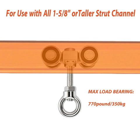 Four Wheel Silent Trolley Rollers Assembly For Strut Channel Fits 1-5/8 Inch Wide And Taller Strut Channels With M10 Bolt shown installed on strut channel, load capacity indicated.