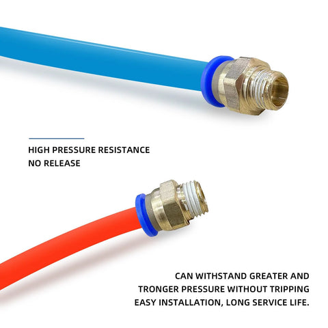 Push-to-connect pneumatic brass fittings with 1/4” G male thread attached to blue and red 4-12 mm tubes front view