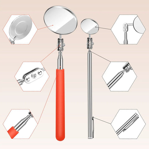 Three Piece Telescoping Inspection Mirror Set With Adjustable Round Mirrors In Orange, a go-to tool shown with extendable handles