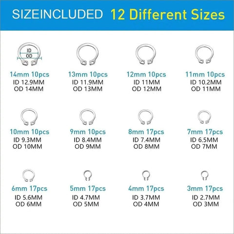 327 Piece Stainless Steel E Clip Circlip Kit Retaining Ring Set with 24 Sizes for E Clips and C Rings, 12 Sizes Chart Displayed