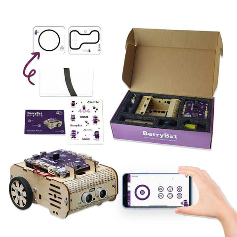 Hands On Programmable Robot Kit With Raspberry Pi RP2040 For STEM Learning, Drag And Drop Graphical Coding, No Fuss Assembly, Obstacle Avoidance, Line And Light Tracking, Sumo Battle Modes, Scratch Robot open box with wooden robot and phone app