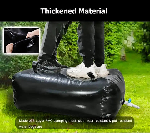 Beefy Foldable Water Tank For Emergency Use 26 Gallon Black PVC Tote With Spigot shown in outdoor durability test