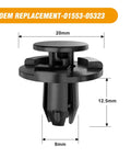 Close-up of a 50 Piece Push Type Engine Cowl Bumper Fender Clips Replacement Kit Fits Nissan Altima with dimensions.