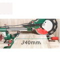 Slick Kickass 8 Inch Electric Miter Saw With Smooth Sliding Table For Lightning Fast Mini Wood Cutting And Easy Household Carpentry Jobs Built Tough And Ready To Roll Hard, close-up image showing 340mm wood cutting.