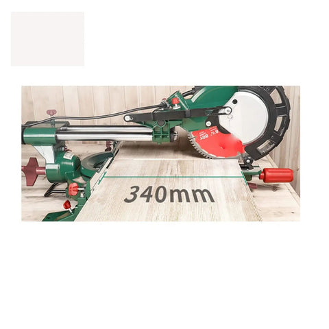 Slick Kickass 8 Inch Electric Miter Saw With Smooth Sliding Table For Lightning Fast Mini Wood Cutting And Easy Household Carpentry Jobs Built Tough And Ready To Roll Hard, close-up image showing 340mm wood cutting.