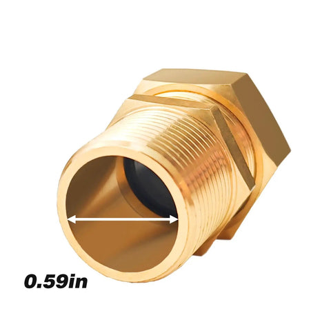 Close-up of Two 1/2 Inch NPT Brass Pipe Fittings Male Threaded Hex Nipples Pack Of 2 For Gas Lines, showing 0.59-inch size