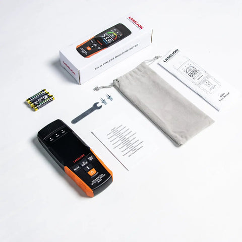 2-In-1 Pin And Pinless Pro-Grade Moisture Meter MS03 For Wood, Concrete, Drywall And More With LCD Display, Hold Function, Flashlight, Auto Power Off, And Non-Destructive Pinless Mode For Delicate Surfaces. Kit with meter, batteries, manual, probe pins, and pouch