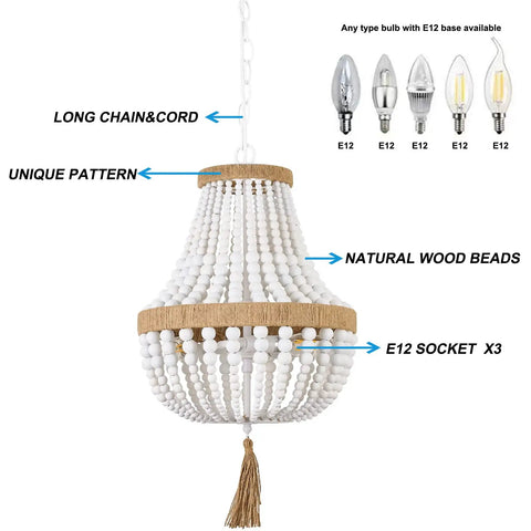 Boho Wood Beaded Pendant Light With E12 Ball Bulbs Farmhouse Chandelier features natural wood beads, long chain, E12 sockets, and unique pattern.