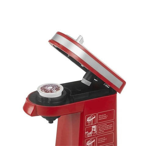 Side view of the Compact Single Cup Coffee Maker For Home Use With Capsule Pods And Espresso Style Brew, Red EU Plug visible.