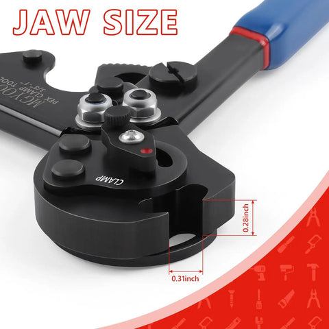 Close-up of the jaw size on the Cinch And Remove Dual Function Pex Crimp Tool With Ratchet Pex Pipe Crimper for PEX tubing.